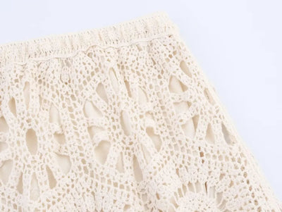 Summer Bohemian Women Loose DRESS Suits Hook Flower Hollow Out Bat Sleeve Shirt+Tassels Drawstring Bodycon Skirt Vacation Sets