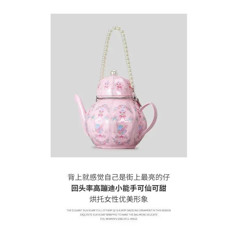 Handbags with teapot design creative vintage print for women shoulder bag pearl chains designer luxury strap