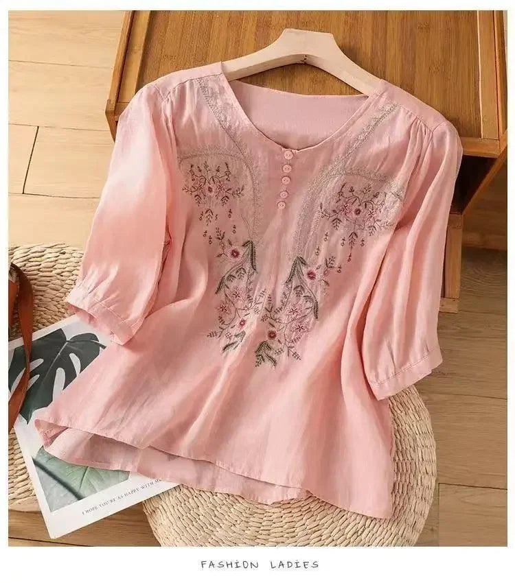 Linen V-neck EmbroideryTop For Women