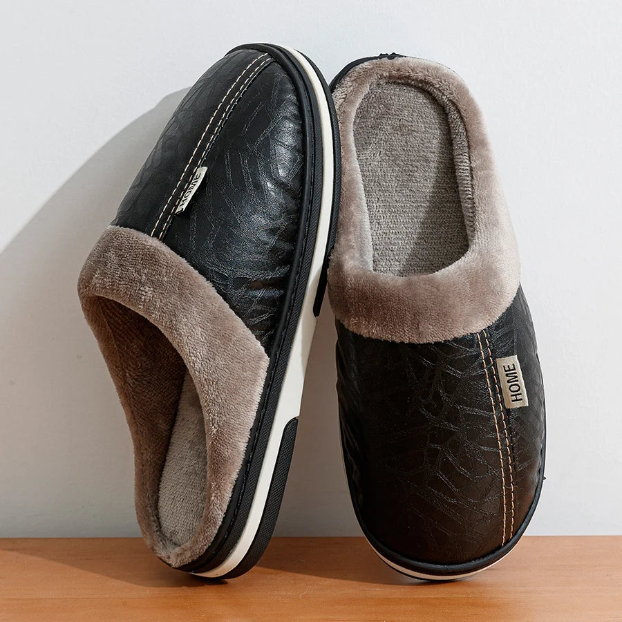 Mens Winter Slippers PU Leather Waterproof Indoor House Shoes Big Size Warm Fur Lined Home Bedroom Slippers