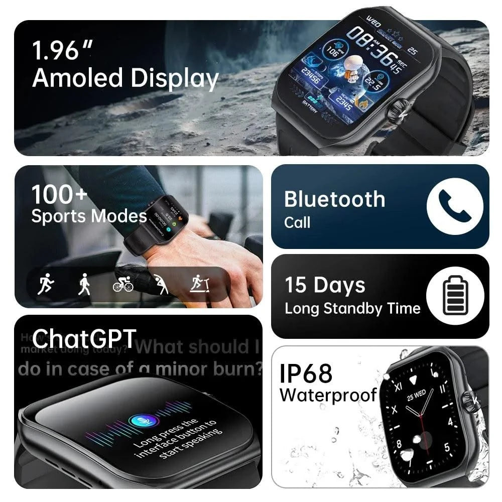 KUMI KU7 Smartwatch 1.96" AMOLED, AI Voice Assistant, Bluetooth Call, SOS Alert, 100+ Sports, Health Monitor