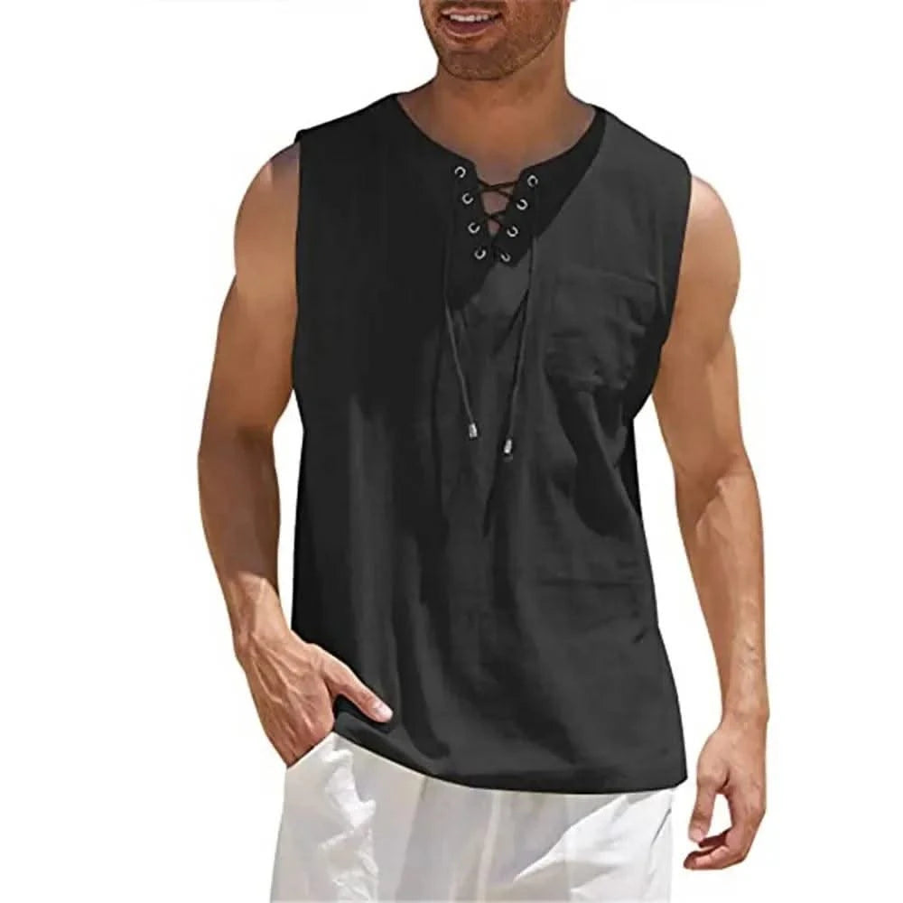 Summer Linen Shirts Men's Casual Leeveless Vest Bandage Lace Up Blouse Retro V Neck Fashion Loose Shirt Male SolidColor Tees Top