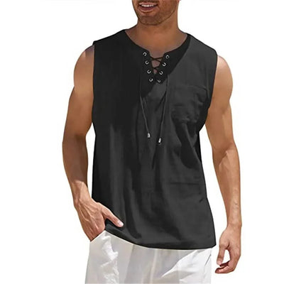 Summer Linen Shirts Men's Casual Leeveless Vest Bandage Lace Up Blouse Retro V Neck Fashion Loose Shirt Male SolidColor Tees Top