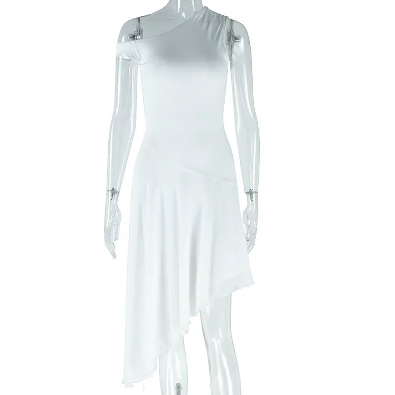 Women Sexy Dresses Summer 2025 Solid Color Sexy Slant Collar Midi Irregular Evening Dress Luxury Elegant Splicing Dress Vestidos