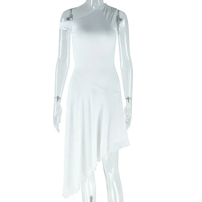 Women Sexy Dresses Summer 2025 Solid Color Sexy Slant Collar Midi Irregular Evening Dress Luxury Elegant Splicing Dress Vestidos