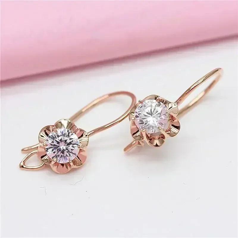 White shiny flower jewelry set plated rose gold earrings for women charms rings necklace elegant light luxury necklaces
