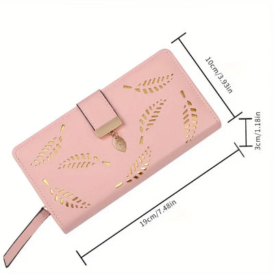 Elegant Women's Wallet With Hollowed-Out Leaf Design, Bifold Long Zippered Clutch, PU Leather Mobile Phone Bag Card Coin Purse