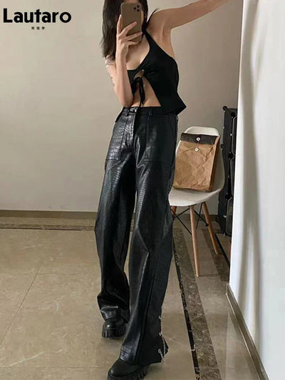Lautaro Autumn Long Black Crocodile Texture Leather Pants Women Zipper High Waist Y2k Clothes Streetwear Women Trousers 2022
