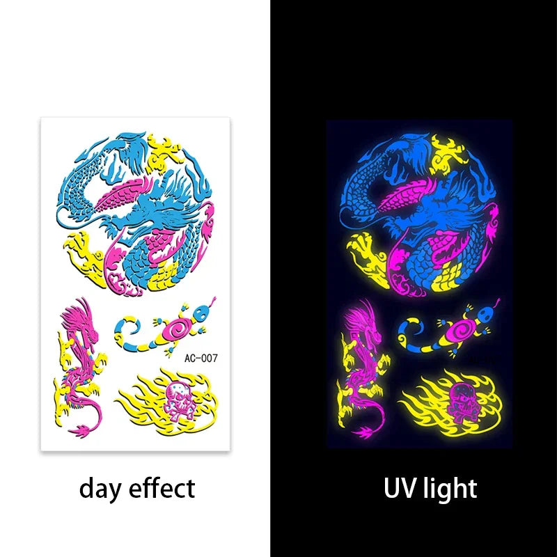 Temporary Fluorescent Tattoos Flower Feather Animals Pattern Body Arm Leg Face Stickers Night Bar Party Music Festival