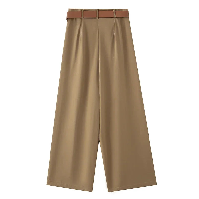 TRAF Women's Pants High Waist Wide Leg Pants with Belt Satin Long Trousers Pockets Casual Baggy Pants Summer Elegant Lady Pants
