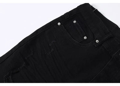 Fashion Designer Men Jeans High Quality Black Stretch Skinny Fit Leather Patched Ripped Jeans Men Y2K Brand Hip Hop Denim Pants