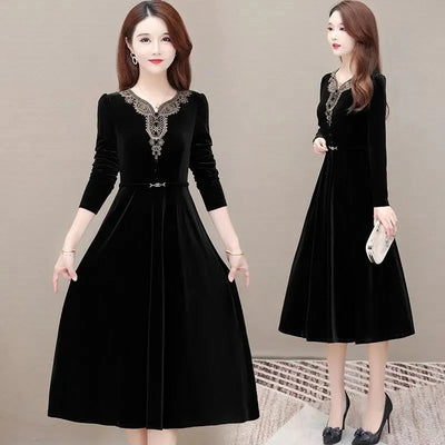 Vintage Applique Velvet Party Dress Women Elegant Slim Long Sleeve A-line New Dresses 2024Spring Casual Knee-length Vestidos