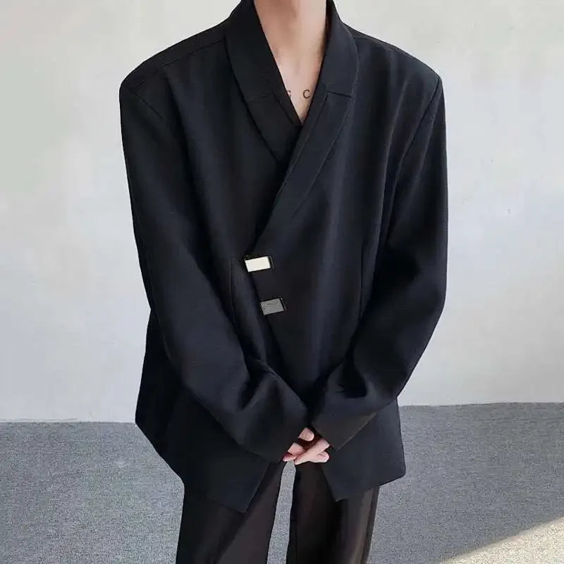 IEFB Metal Button Design Men's Blazers Shawl Collar Oblique Placket Design Casual Clothing Solid Color Male Suit Jackets 9W957