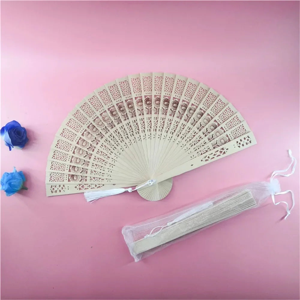 Folding Hand Fans Fashionable Engraved Women Elegant Wood Gifts Fan With Bags Tassels Wedding Mariage Festival Party Dance Props