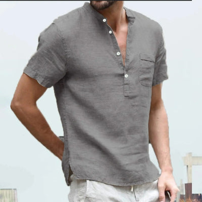 Linen Cotton Men's Shirt Henry Collar and Beach Pocket Casual Short Sleeved T-shirt Solid Color T-shirt Retro Streetwear