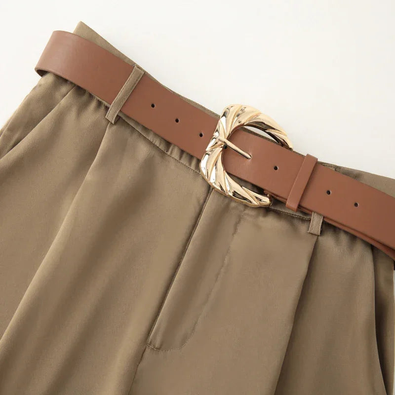 TRAF Women's Pants High Waist Wide Leg Pants with Belt Satin Long Trousers Pockets Casual Baggy Pants Summer Elegant Lady Pants