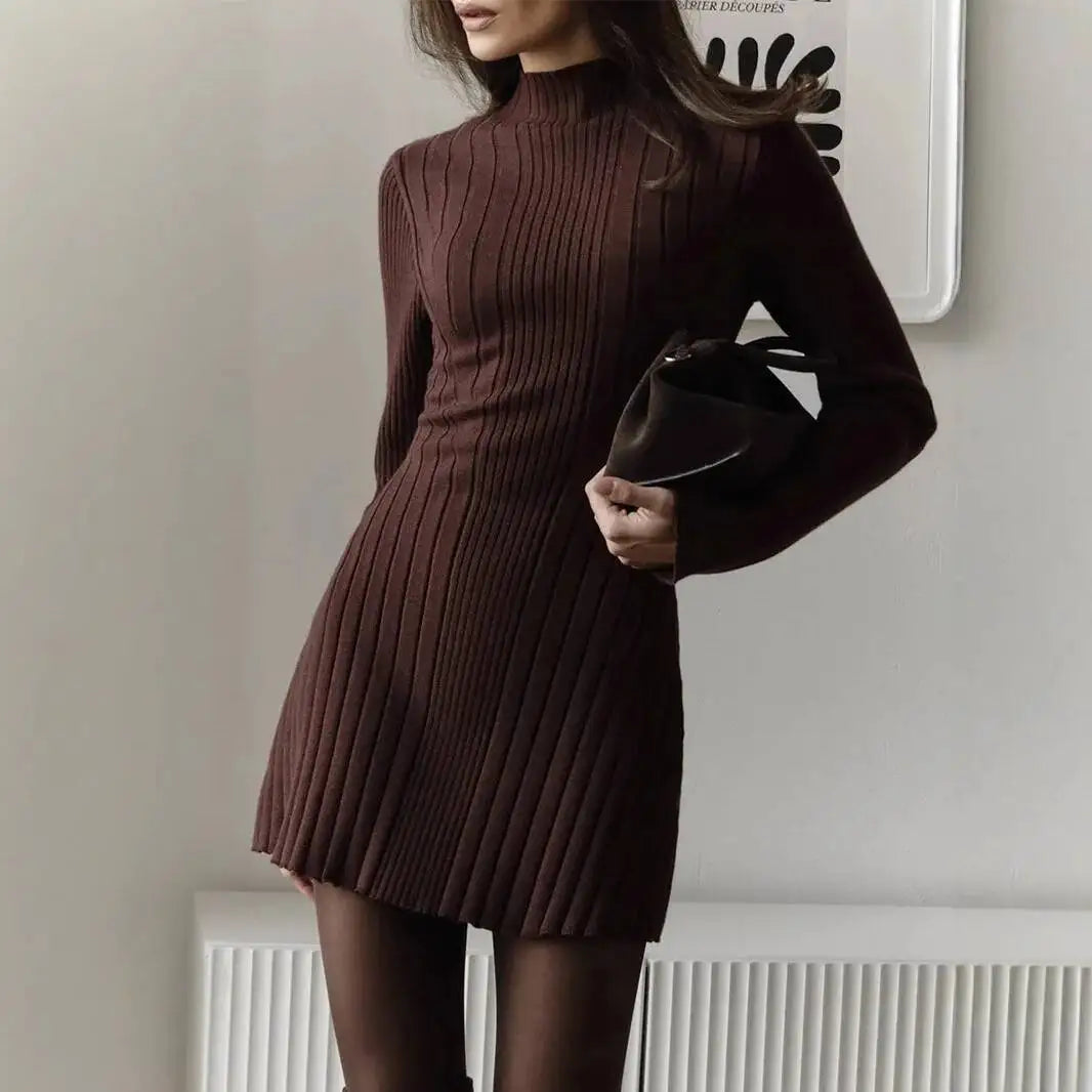 Knitting Dress Women's 2025 Spring Knitted Dress Long Sleeve Semi-High Neck A Line Skirt For An Elegant And Playful Look