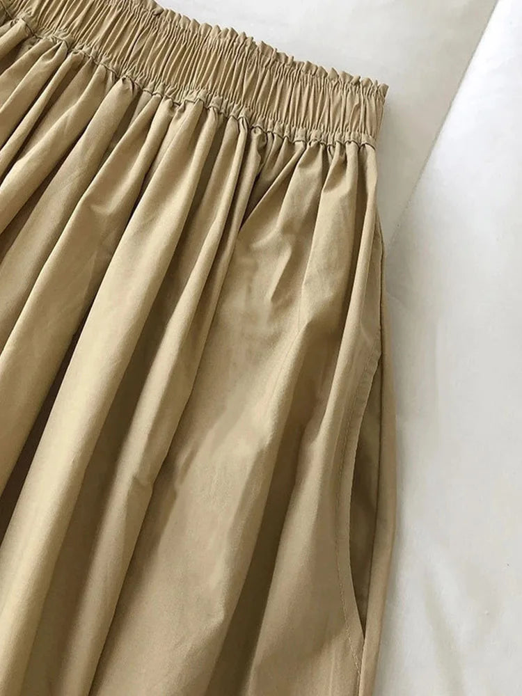 Women White Long Skirt Fashion Pockets Pleated Knee Length Skirts Autumn 2025 New Casual Elegant High Waist A Line Femme Skirts