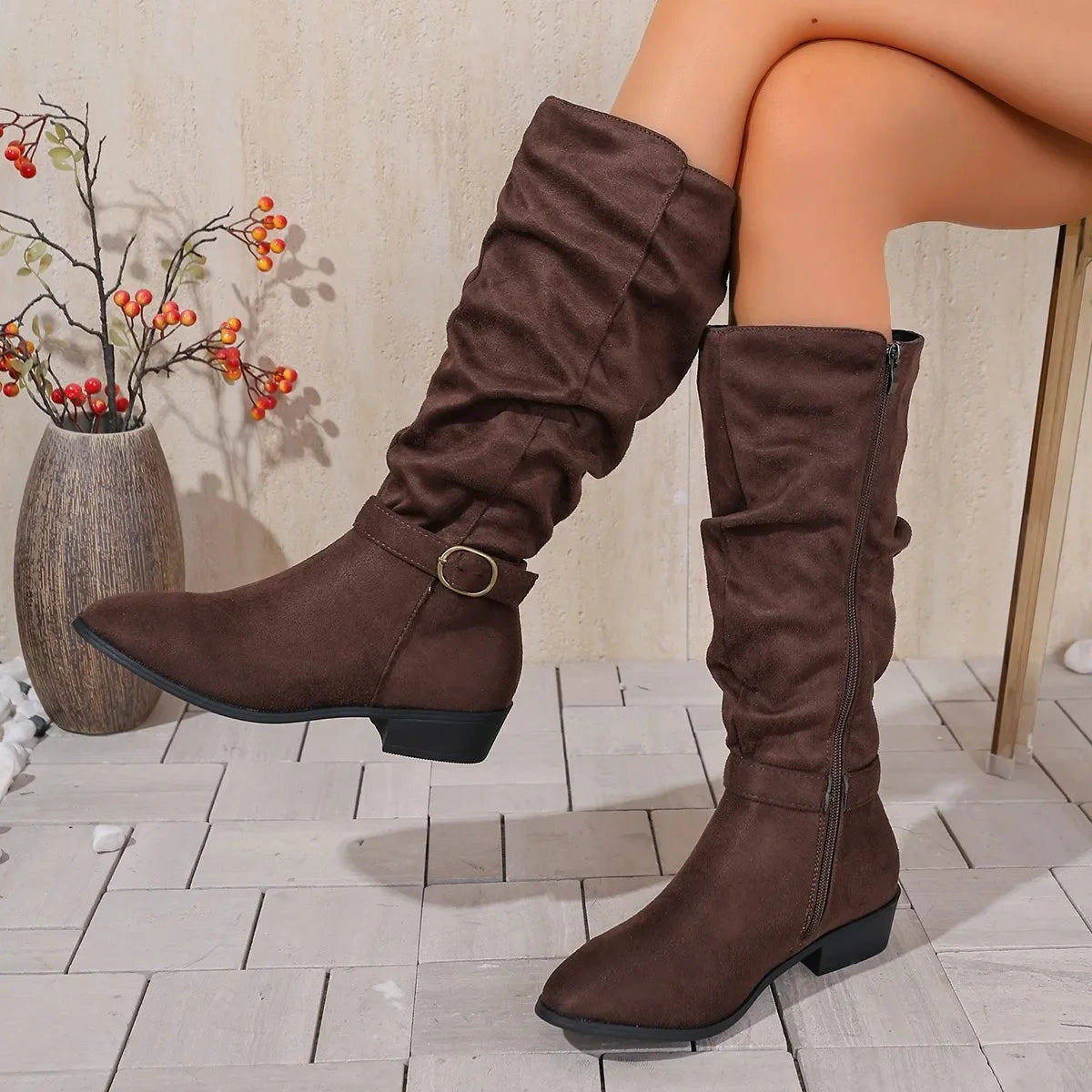Women Knee High Boots Autumn Winter Female Shoes Fashion Female Slip-on Folds Low Heel Pointed Toe Long Boots Botas De Mujer 983