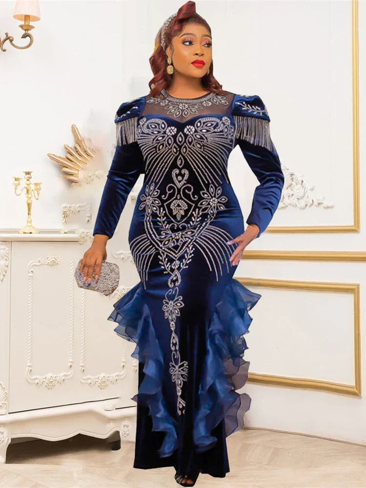 Luxury Velvet Dresses For Women Dubai Long Sleeve Abayas African Dashiki Crystal Robe 2025 Festival Outfit Wedding Party Gowns