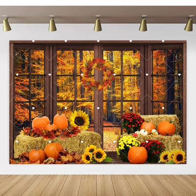 Autumn Thanksgiving Party Photo Backdrop Farm Harvest Maple Leaves Sunflowers Scarecrow Pumpkin Backdrop Poster Studio Photozone