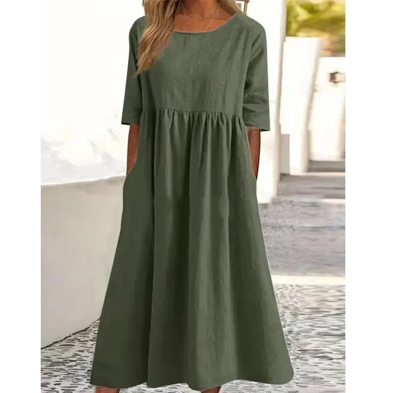 2025 Summer Cotton and Linen Dress Casual Short Sleeve Loose O-Neck Women's Dress with Pockets Simple Solid Midi Dresses 6661#