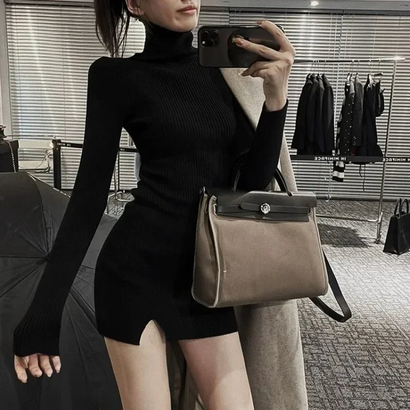 Dresses for Women Short Turtleneck Extreme Mini Sexy Daring Clothes Woman Dress Knitted Bodycon Grey Crochet Split Korean Style