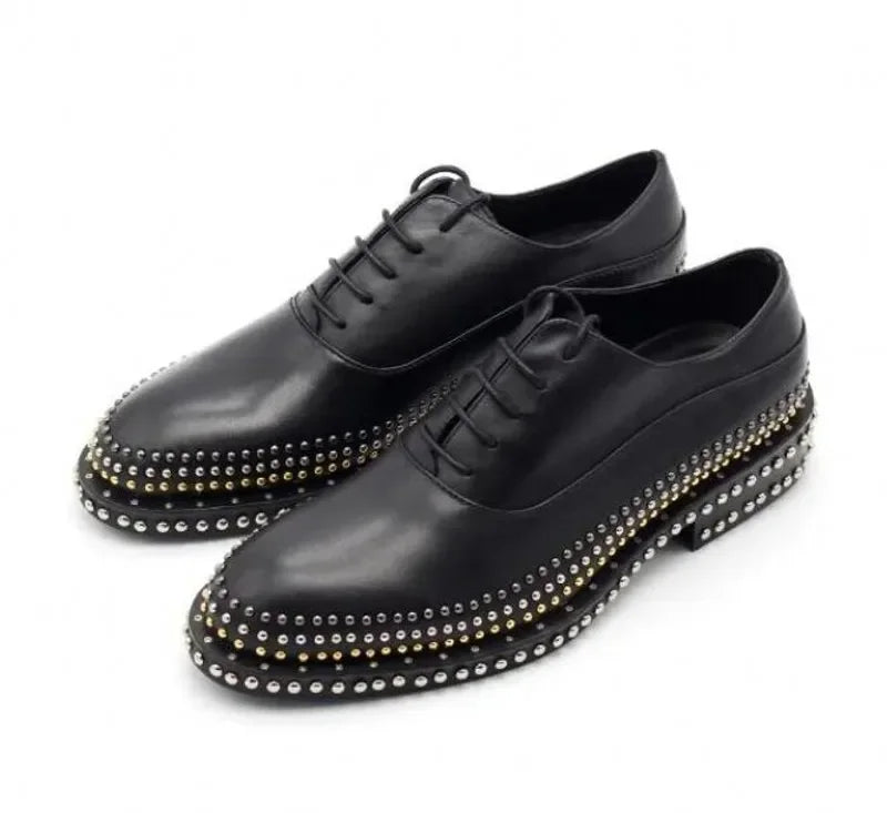 Handmade Rivets Brogue Shoes Wedding Dress Shoe Cow Genuine leather Men Oxfords  Plus Size 38-45