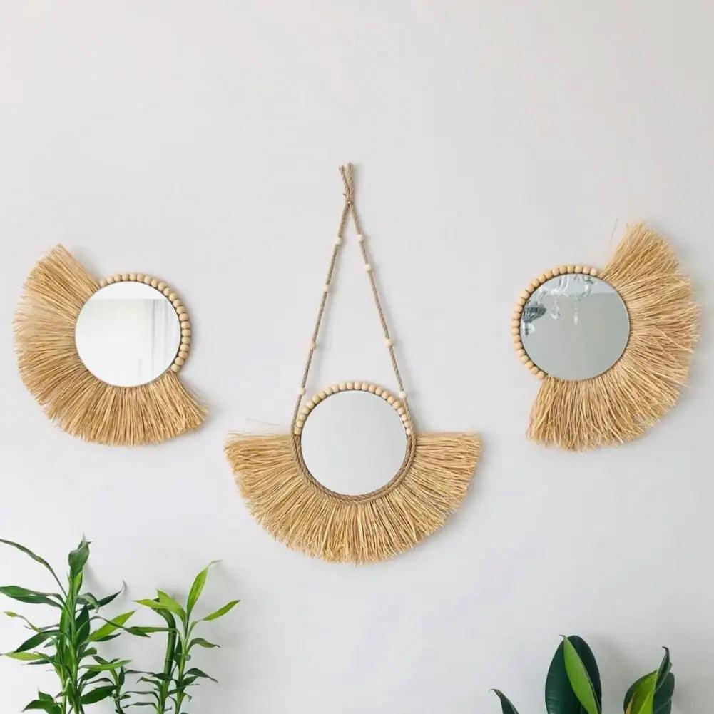 Home decor hanging mirror raffia wood beads acrylic multifunct decorative decorations bedroom wall room