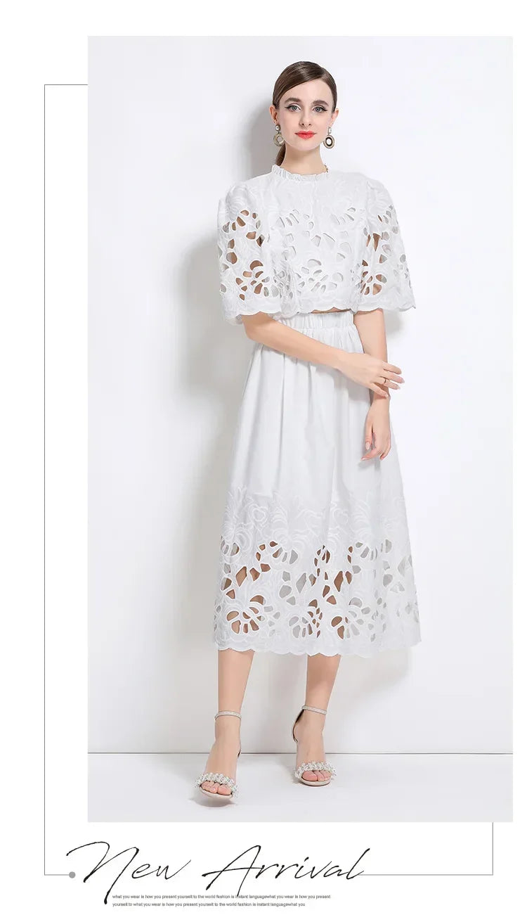 Summer Short Sleeve A-LINE Set Skirt for Women Fashion Ruffled Collar Embroidery Set Skirt Women Vestidos De Verano Mujer Q344