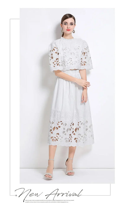 Summer Short Sleeve A-LINE Set Skirt for Women Fashion Ruffled Collar Embroidery Set Skirt Women Vestidos De Verano Mujer Q344