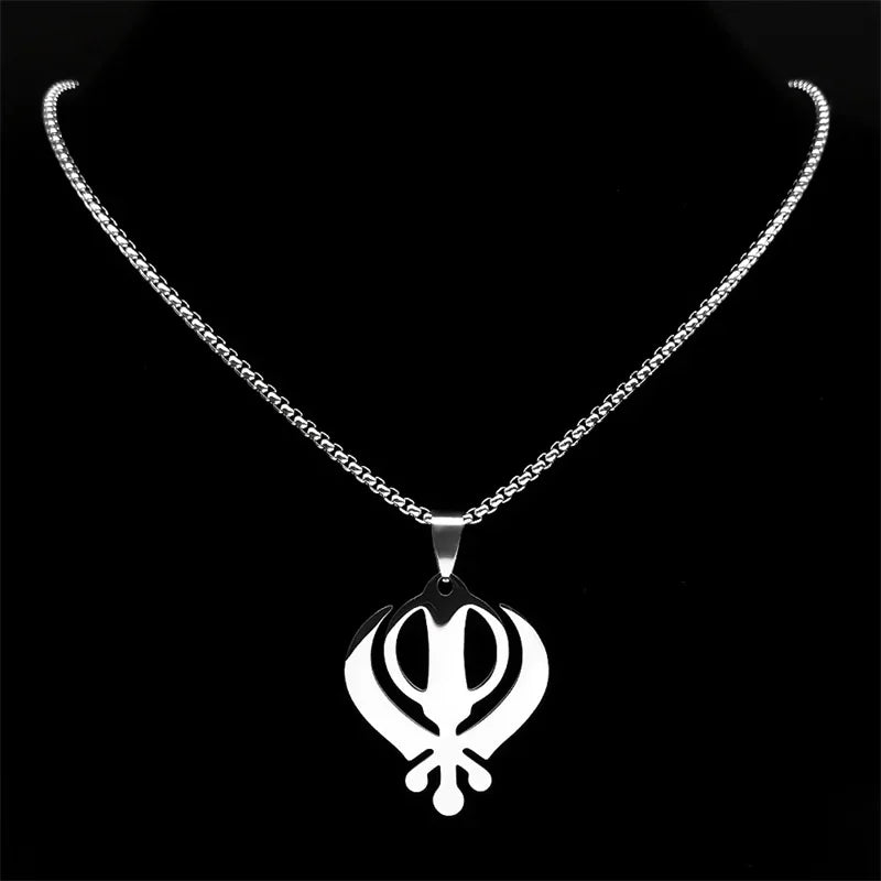 India Sikhism Symbol Necklace Pendant for Women/Men Stainless Steel Silver Color Sikh Khanda Necklaces Religious Jewelry N8090S0