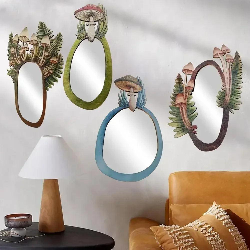 Decorative wall mirror wooden mushroom forest retro for living room bedroom bathroom entryway decor