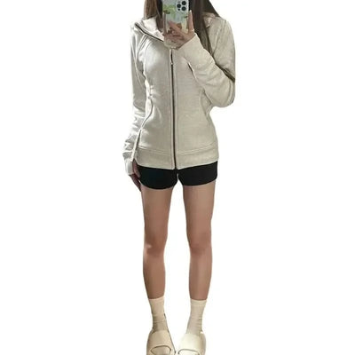 Deeptown American Vintage Cropped Hoodies Women Korean Style Streetwear Grey Zip Up Hooded Sweatshirt Casual Y2k Slim Hood Shirt