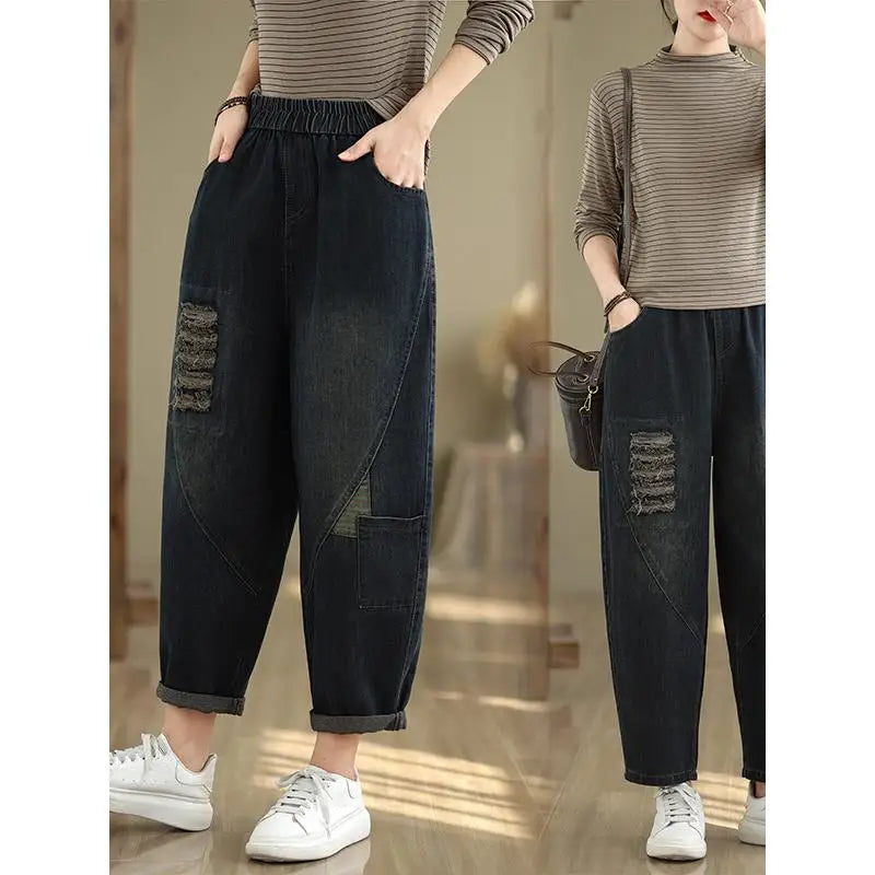 Women's Wide Leg Jeans 2025 New Autumn Denim Pants Oversized Loose Ripped Radish Dad Elastic Waist Harem Pants