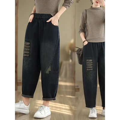 Women's Wide Leg Jeans 2025 New Autumn Denim Pants Oversized Loose Ripped Radish Dad Elastic Waist Harem Pants