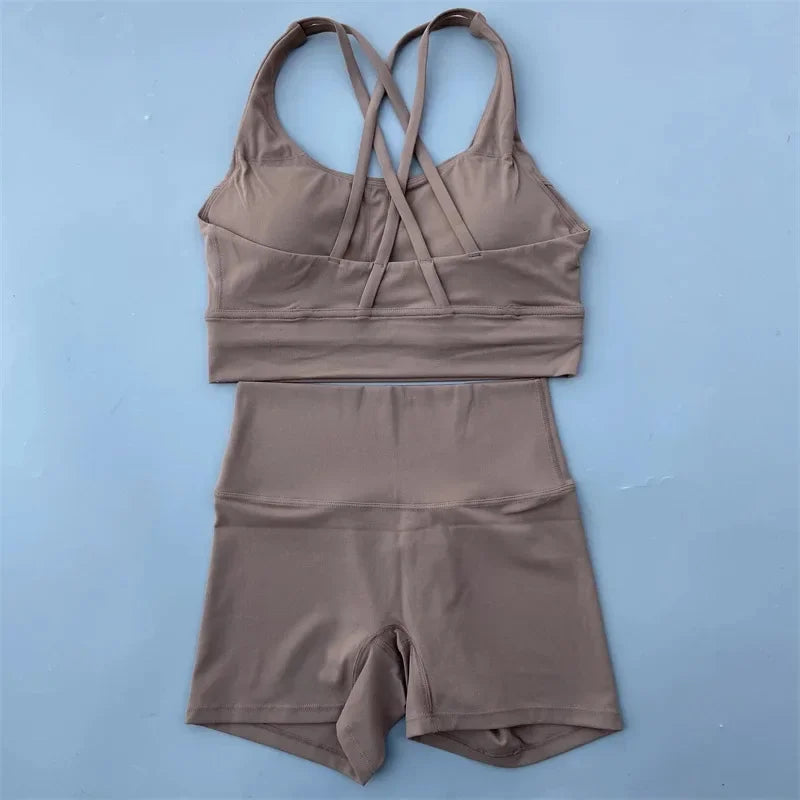 2025 Summer Women's Yoga 2-Piece Set Beauty Back Sling Bra & High Waist Butter Touch Stretch Shorts Fitness Cycling Sports Set