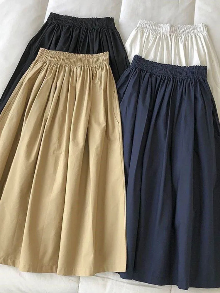 Women White Long Skirt Fashion Pockets Pleated Knee Length Skirts Autumn 2025 New Casual Elegant High Waist A Line Femme Skirts
