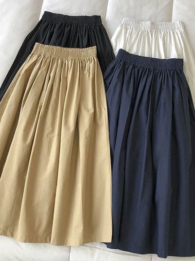 Women White Long Skirt Fashion Pockets Pleated Knee Length Skirts Autumn 2025 New Casual Elegant High Waist A Line Femme Skirts