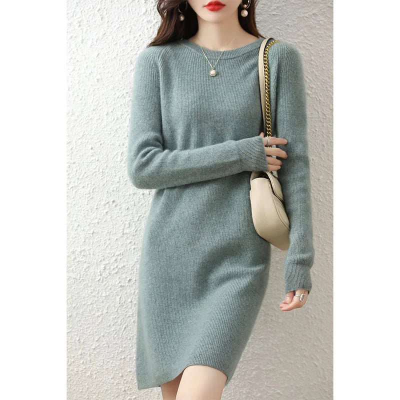 Knit Dresses for Women's Fashion Sweater 100% Merino Wool Winter Ladies O-Neck Warm Knitted Dress Fall Female Casual Black Skirt