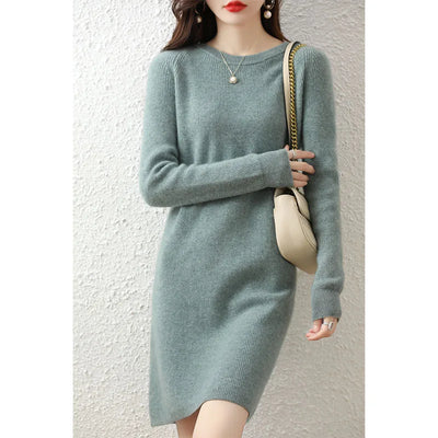 Knit Dresses for Women's Fashion Sweater 100% Merino Wool Winter Ladies O-Neck Warm Knitted Dress Fall Female Casual Black Skirt