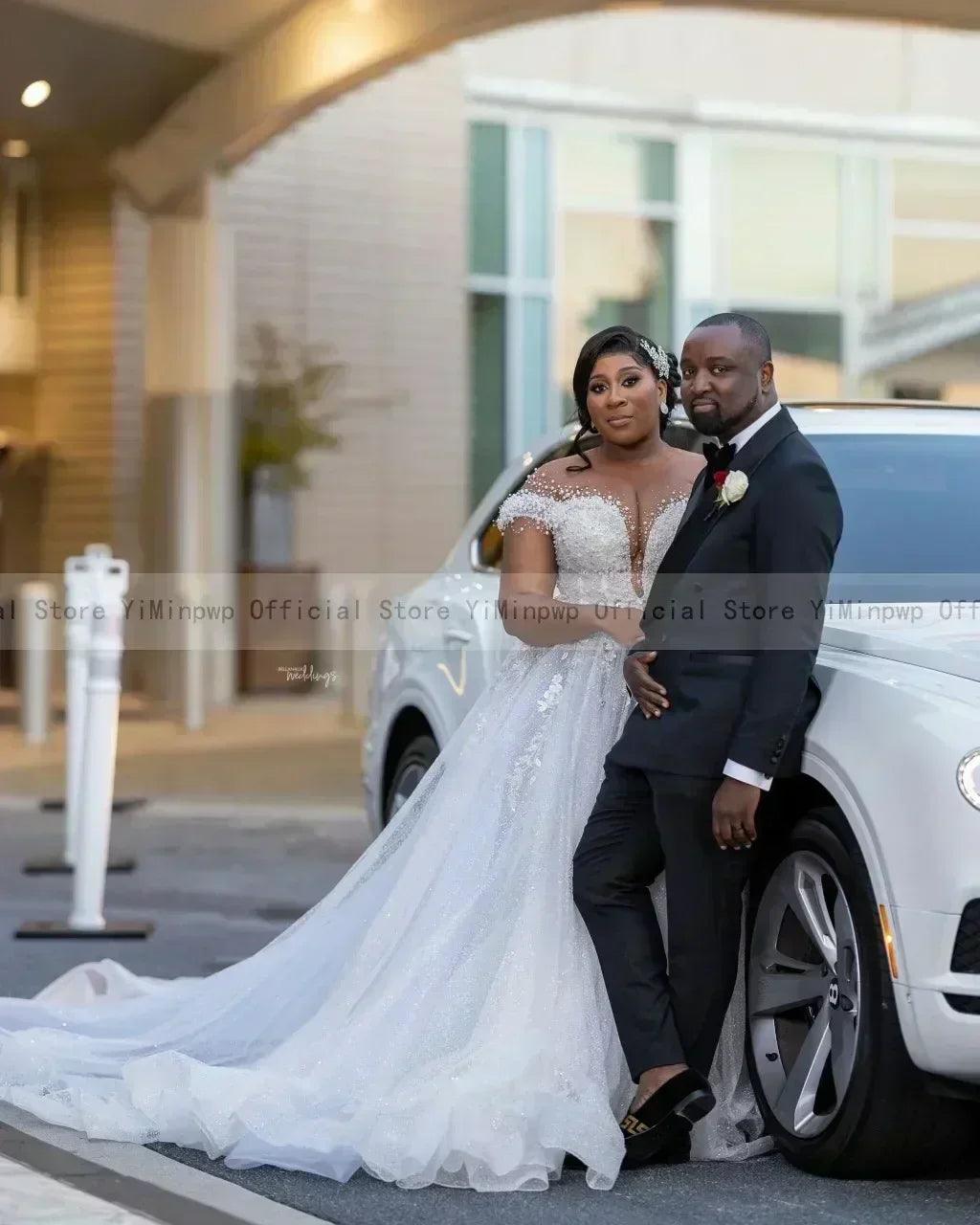 Wedding dresses for bride sheer neck lace up back sequins pearls plus size only