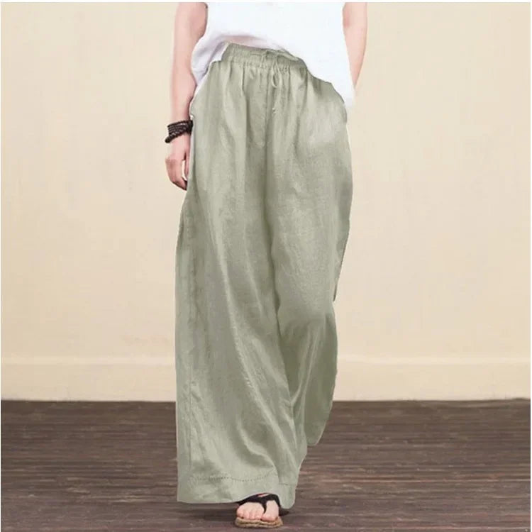 Women Wide Leg Pants Solid Loose Length Pants Cotton Linen Elastic Waist Casual Pants Vintage Mid Waist Pants 5XL