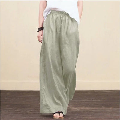 Women Wide Leg Pants Solid Loose Length Pants Cotton Linen Elastic Waist Casual Pants Vintage Mid Waist Pants 5XL