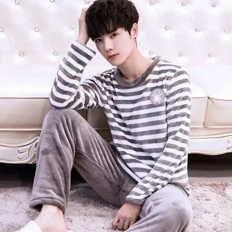 2025 Men's Autumn Winter Warm Flannel Pajama Sets Casual Soft Sleepwear Homewear 2PCS Sets Male Loose Coral Velvet Lounge Sets