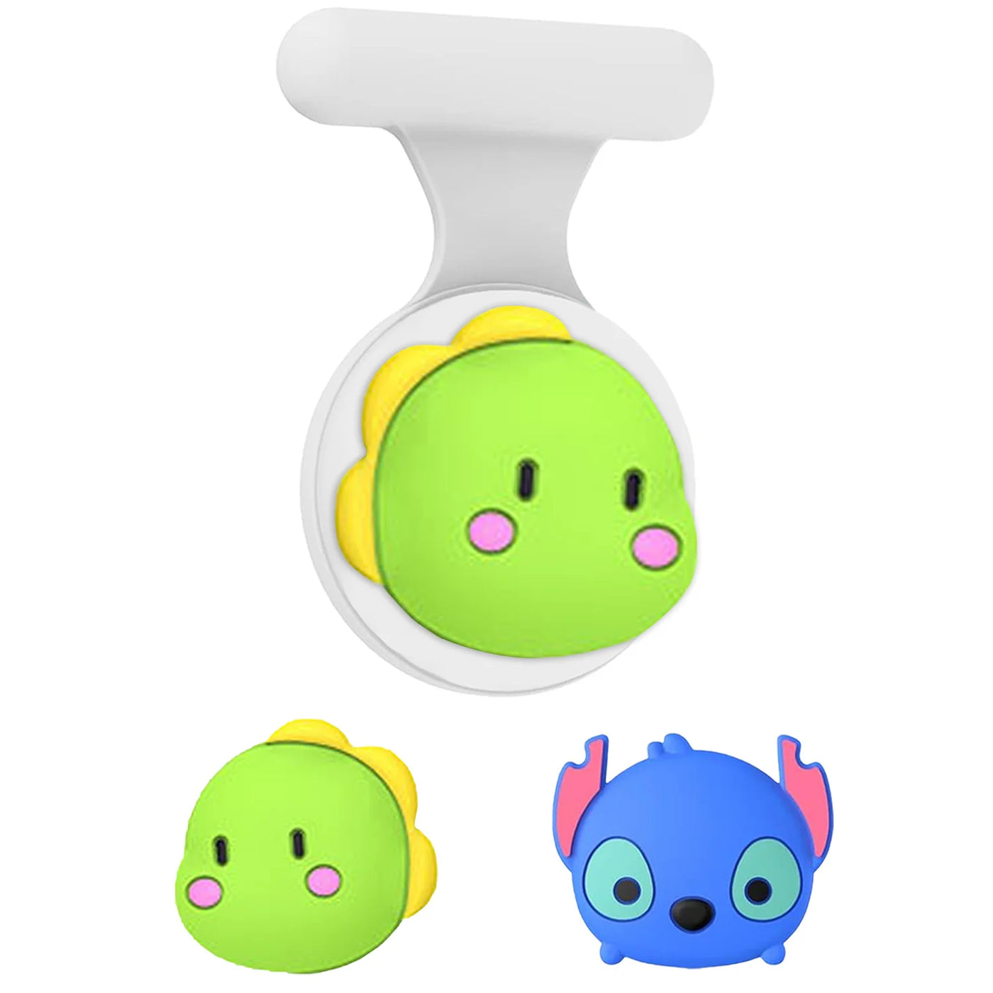 Green cartoon baby bib AirTag holder with yellow accents and silicone strap