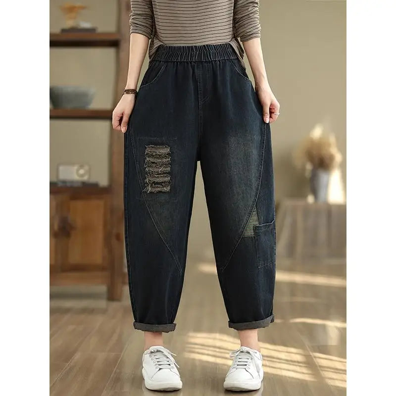 Women's Wide Leg Jeans 2025 New Autumn Denim Pants Oversized Loose Ripped Radish Dad Elastic Waist Harem Pants