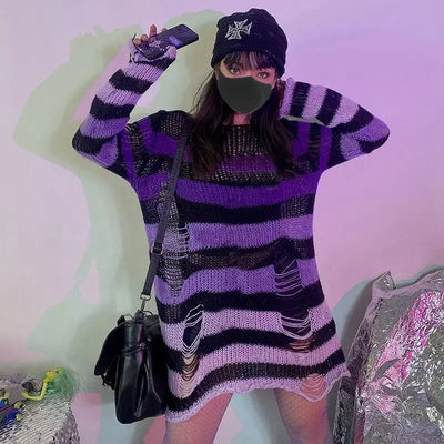 Gothic Sweaters Women Ripped Holes Loose Knitted Purple Striped Pullover Frayed Fairy Grunge Jumpers Emo Streetwear Lolita