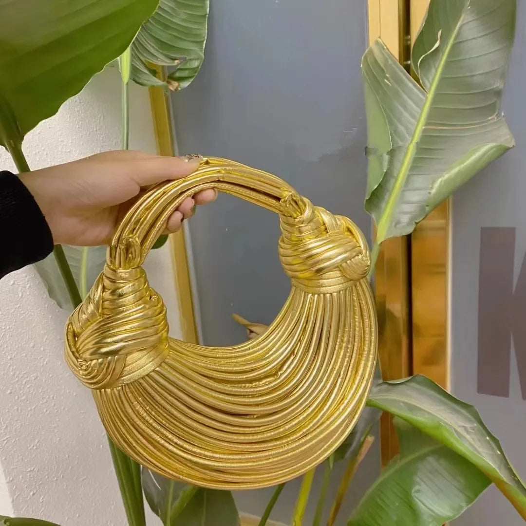 Handbags for Women 2025 New in Gold Luxury Designer Brand Handwoven Noodle Bags Rope Knotted Pulled Hobo Silver Evening Clutch