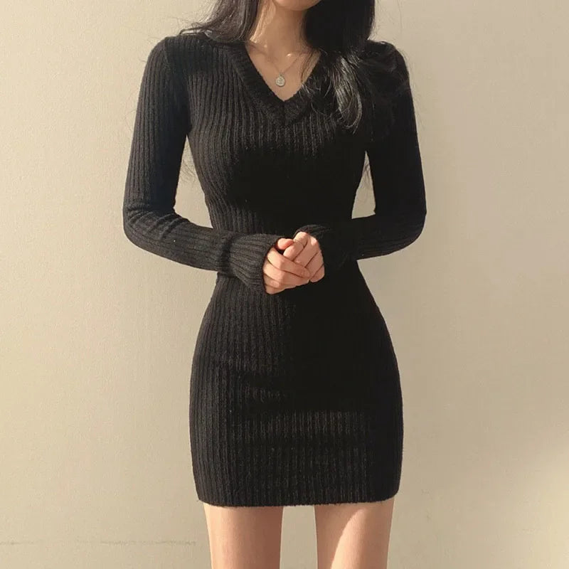 Korean Style Tight Knitted Dresses for Women Autumn Winter 2023 Long Sleeve Bodycon Dress Female Sexy V Neck Sweater Dress Woman